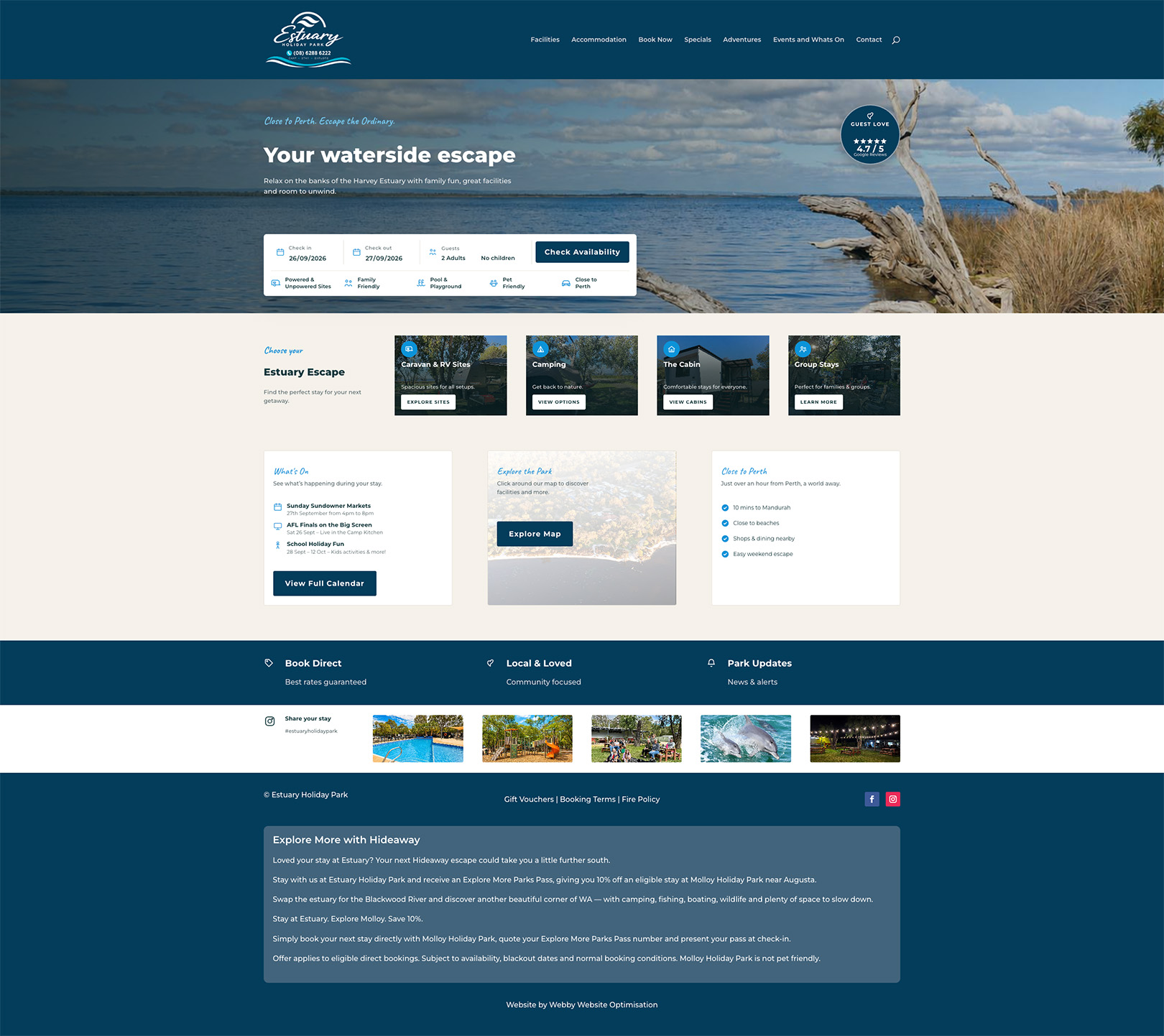 Estuary Hoiliday Park accommodation website designn and development