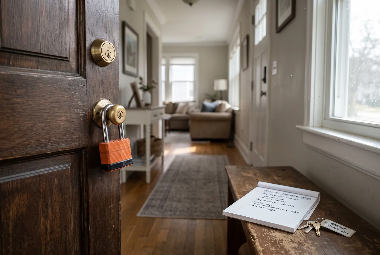 a locked front door with the house clearly visible and lit behind it
