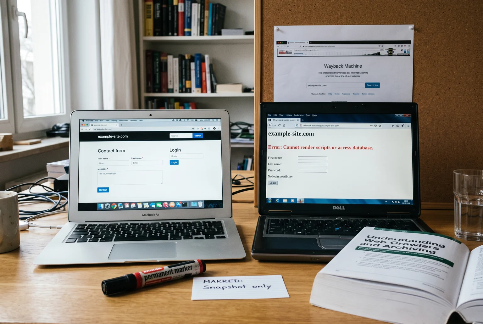 side-by-side comparison of a live website and its flat HTTrack mirror with broken form fields