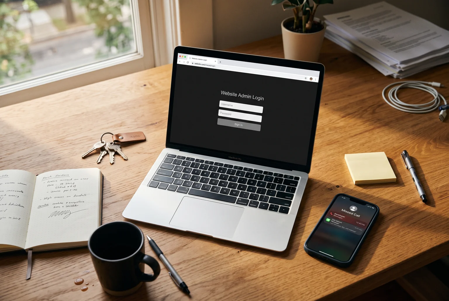 Laptop with a blank login screen on a desk, overlaid with a drawn keyhole and turning key, next to a real set of keys and a