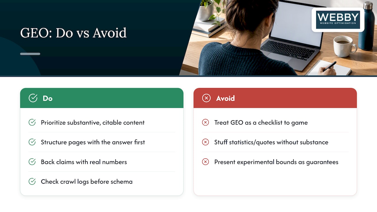 Why most GEO advice oversells the win — overview diagram