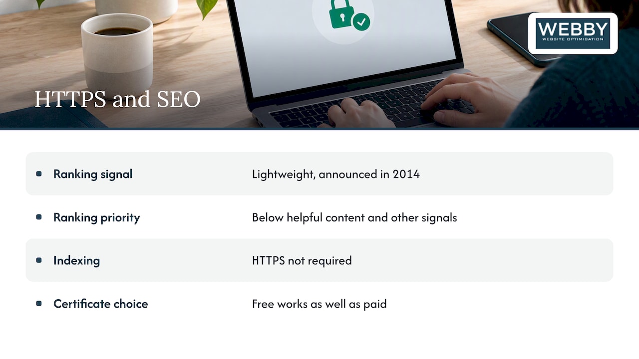 How does HTTPS influence search rankings and page experience? — overview diagram